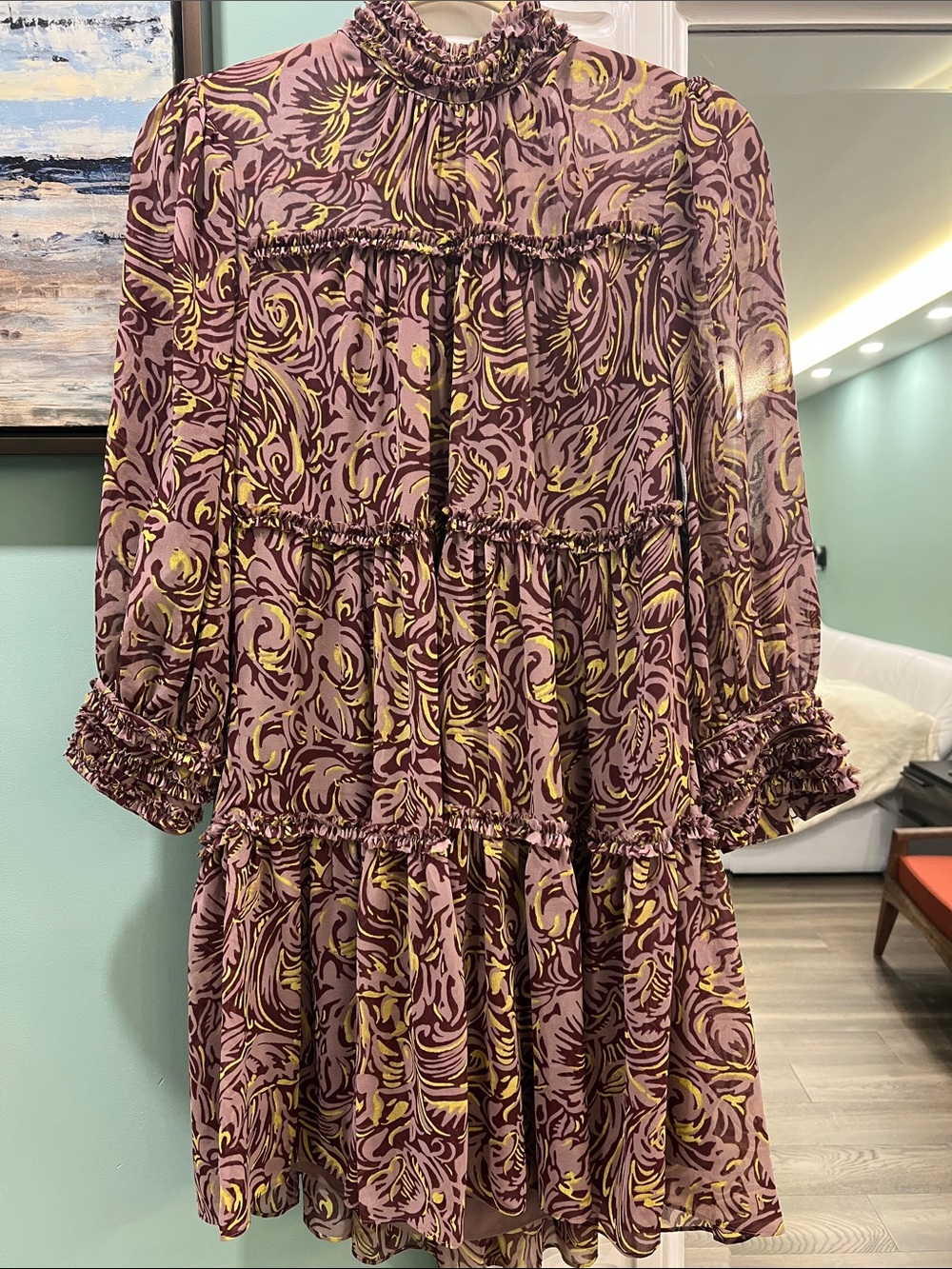 cinq a sept Ruffled Tiered Floral Dress in Plum and Yellow
